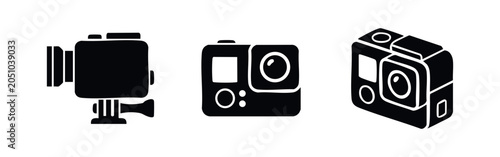 Action camera icons set. Compact video camera for sports and adventure. Flat vector illustration.