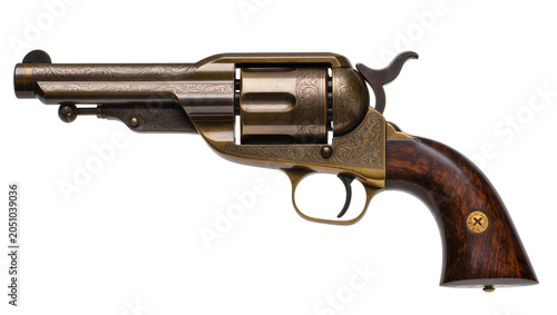 Obraz na plátně Antique brass revolver with ornate engraving and wooden handle