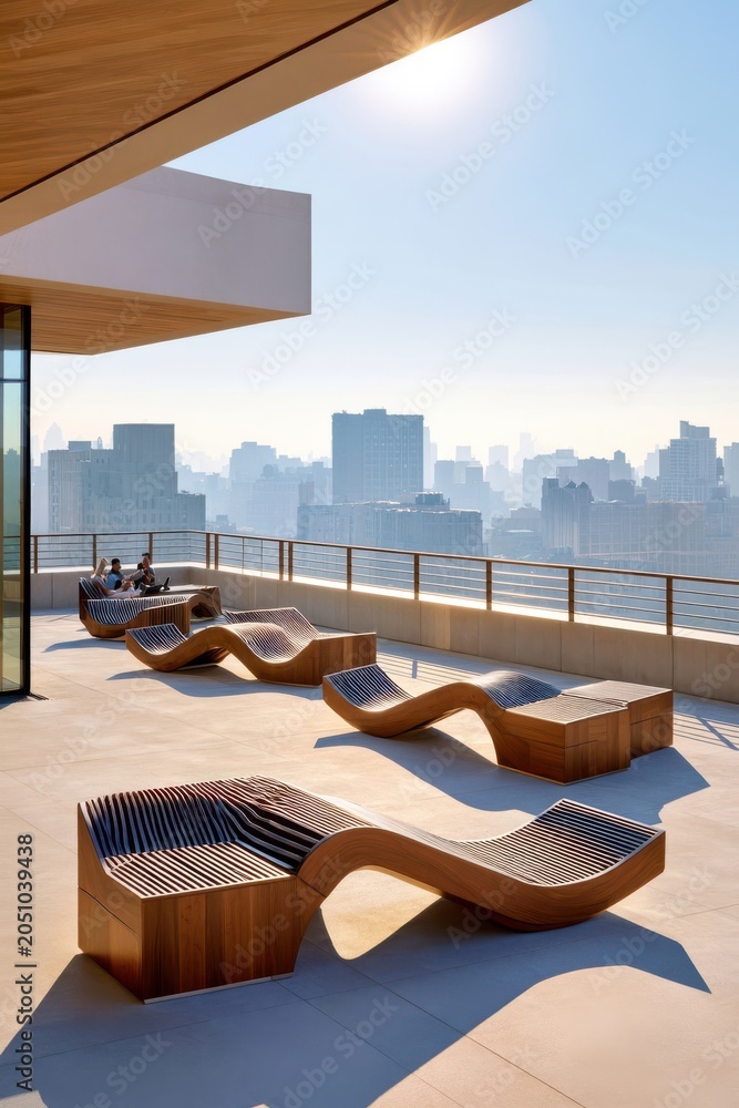 Fototapeta premium Modern rooftop terrace with sculptural loungers and sunlit city skyline view at sunrise