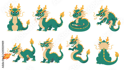 Bild auf Leinwand Cartoon green dragon character set in multiple poses
