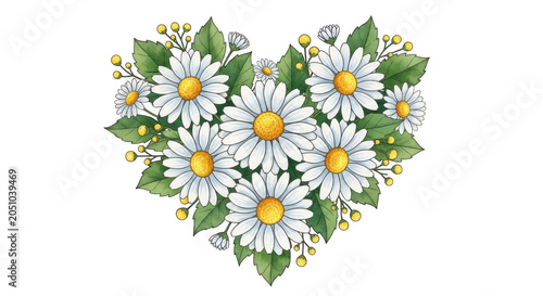 Daisy flowers arranged into a beautiful heart shape made of green leaves and white petals isolated on transparent background