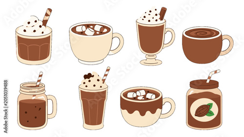 Fotografie Cute hand drawn hot chocolate drinks and cocoa jar set