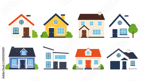Set of colorful house icons in flat vector style
