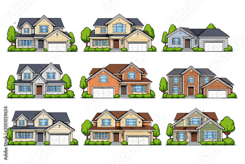 Fotografie Set of suburban house exteriors with garages and trees