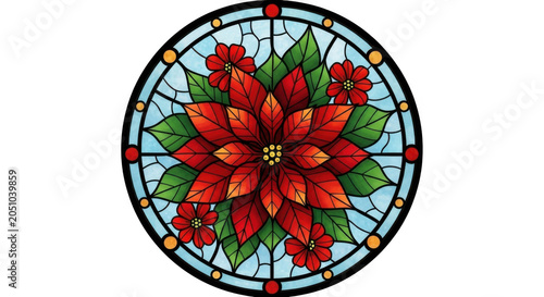 Poinsettia flower stained glass circular art design featuring vibrant red leaves and green foliage isolated on transparent background