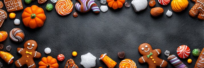 Festive Halloween candy and cookie arrangement with gingerbread men, pumpkins, and colorful sweets creating a spooky seasonal border on dark textured background