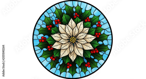 Stained glass poinsettia with holly berries arranged in a circular decorative medallion ornament for festive holiday season on transparent background