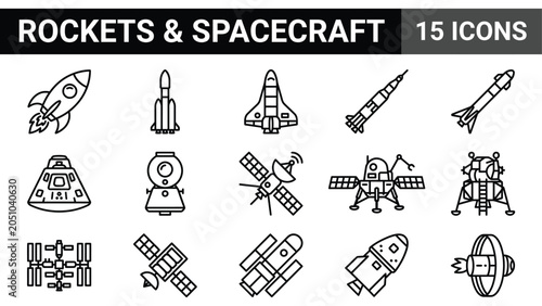 Konstfotografi Rockets and spacecraft icon set, 15 space exploration vector line icons, orbital