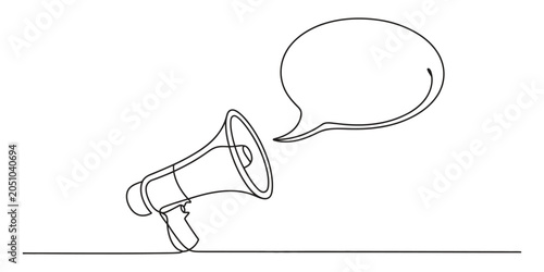 Continuous single line drawing of a megaphone with a speech bubble