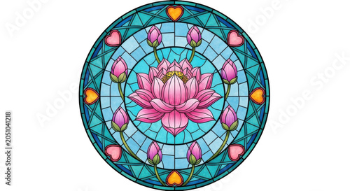 Stained glass lotus flower medallion featuring vibrant pink petals and heart shapes arranged in a circular pattern on transparent background