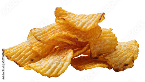 Tableau sur toile Ruffled potato chips stack golden brown, crispy texture