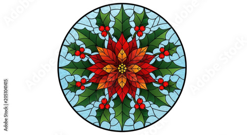Poinsettia flower and holly berries in a circular stained glass style window design for holiday decoration on transparent background