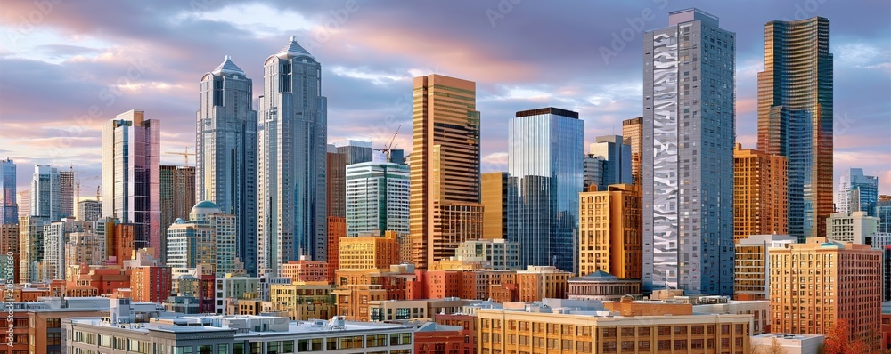 Naklejka premium Wide panoramic view of a bustling downtown city skyline with modern skyscrapers at sunset