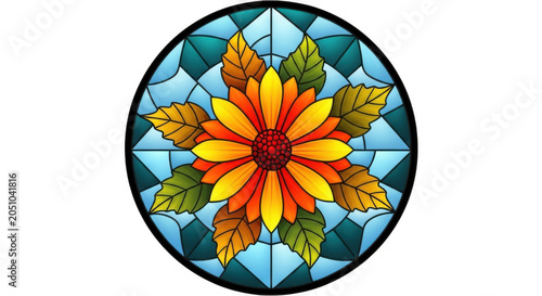 Stained glass flower design featuring a colorful sunflower with decorative green leaves arranged in a circular pattern on transparent background