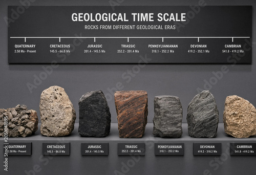 Fotografie Geological time scale display with representative rock specimens from different