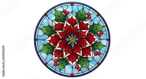 Poinsettia flower stained glass circular art featuring holly leaves and red berries created as a decorative design on transparent background
