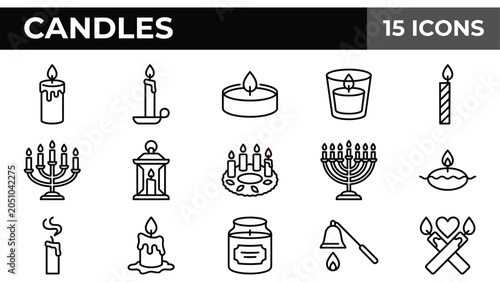 Foto Minimalist candle line icons, set of 15 candle vector symbols, modern wax and fl