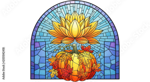 Stained glass window featuring a bright yellow lotus flower and autumn pumpkin with maple leaves on transparent background