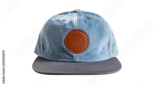 Light blue corduroy baseball cap with brown leather patch