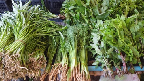 Fresh greens cabbage, string beans, parsley and other vegetable on asian market in Thailand. 4K footage clip