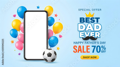 Father's day sale ad with smartphone and soccer ball