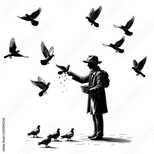 Man feeding pigeons in city square.