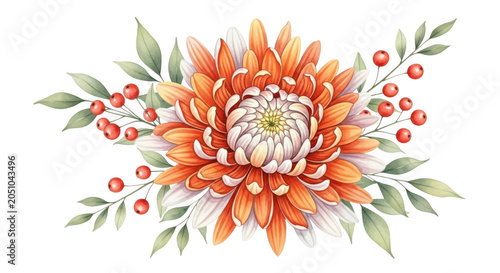 Chrysanthemum flower arrangement with autumn leaves and red berries isolated as a decorative botanical element on transparent background