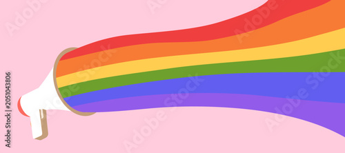 Vector cartoon illustration of a speaker throwing a rainbow pride flag on a pink background. LGBTQ awareness and communication concept