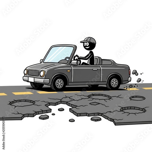 Man driving car on broken road.