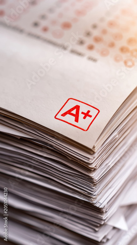 Stack of graded papers with red a+ mark on top