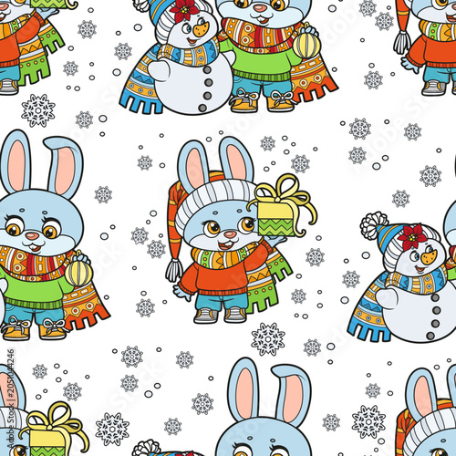 Cute cartoon rabbits in warm scarf and sweater with gifts in paw and with snowman seamless pattern on white background
