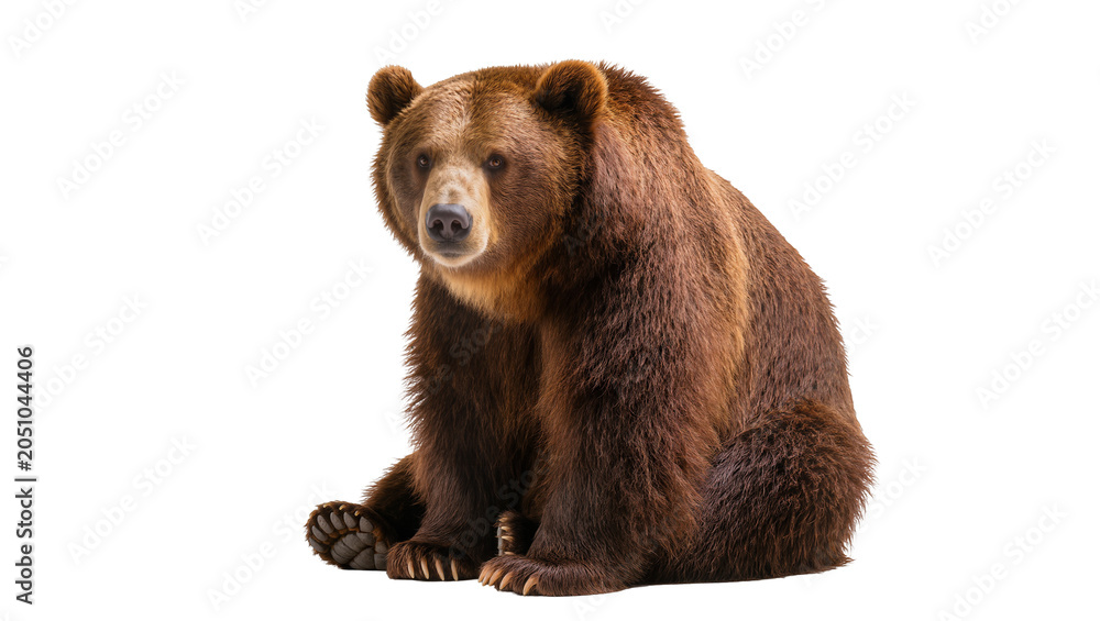 Fototapeta premium Brown bear sitting full body facing forward, white