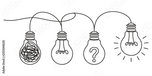 Cuadro en lienzo Four light bulbs showing stages of creative thinking and problem solving process