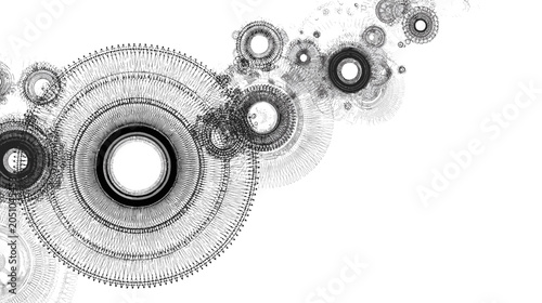 Abstract Gear Formation: A complex, monochromatic composition featuring interlocking gears and circular shapes, suggesting mechanical intricacy and technological design.