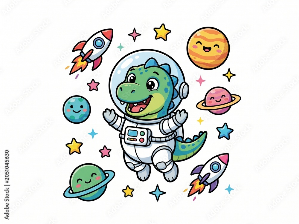 Obraz premium Cheerful Dinosaur Astronaut Floating In Outer Space With Planets And Rockets Art