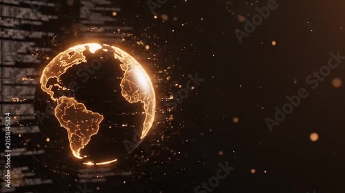 Golden shining futuristic digital planet earth globe rotating continuously in deep space starry background, technology concept