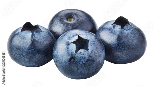 Foto Four ripe blueberries with visible stems and star-shaped calyx