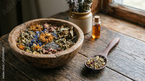 Natural herbal medicine ingredients with dried flowers and grass in a wooden bowl and spoon, holistic remedy preparation, minimalist organic wellness and alternative folk medicine concept
