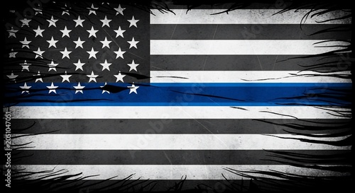 Tattered American flag with blue line, symbolizing support for law enforcement