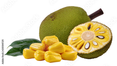 Foto Whole and sliced jackfruit with yellow bulbs and green leaves
