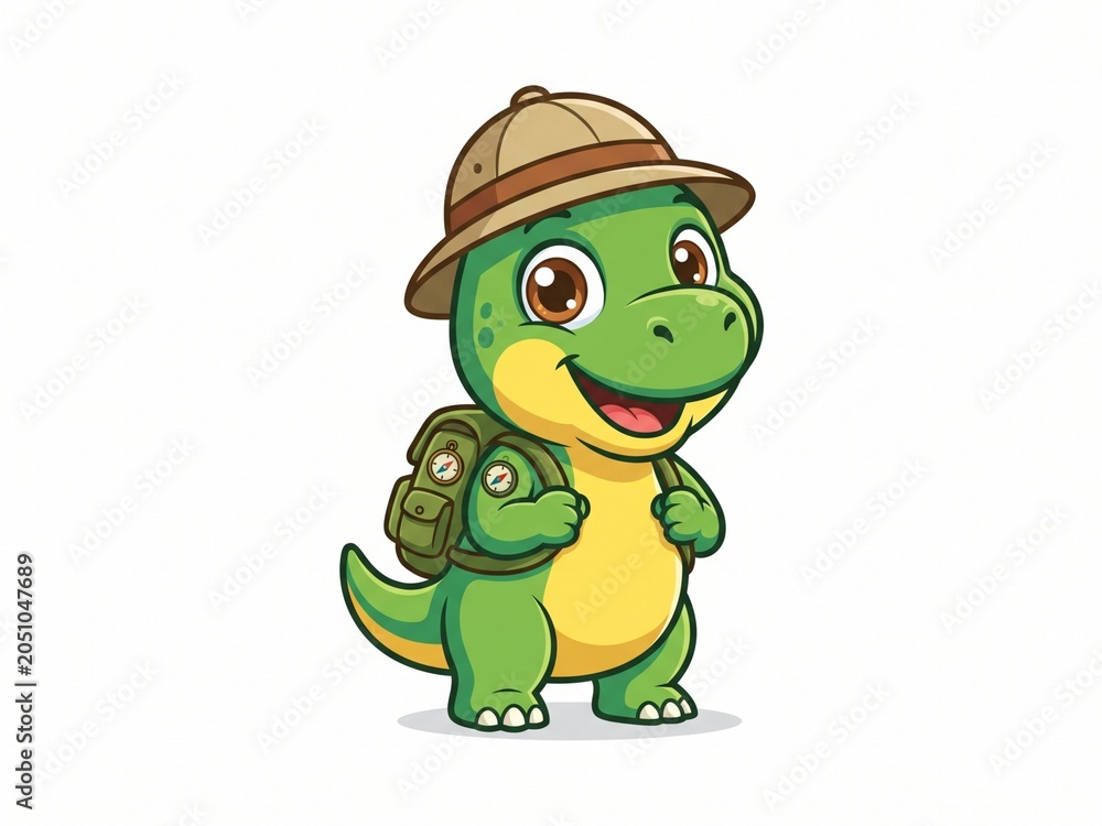 Obraz premium Friendly Dinosaur Explorer Wearing Safari Gear and Backpack Vector Illustration