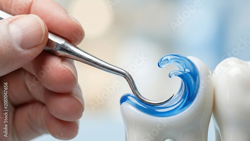 Conceptual macro image of a dentist hand holding a dental tool near a clean tooth model with a creative blue water wave, symbolizing fresh oral care.