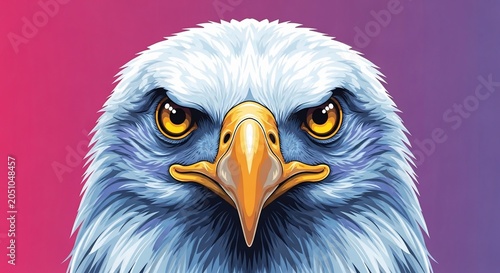 A close-up illustration of an angry blue eagle's head with yellow eyes on a pink and purple background