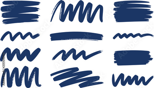 Collection of dark blue hand drawn brush stroke shapes