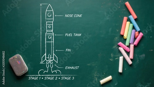 A detailed rocket diagram on a chalkboard with colorful chalks and an eraser.