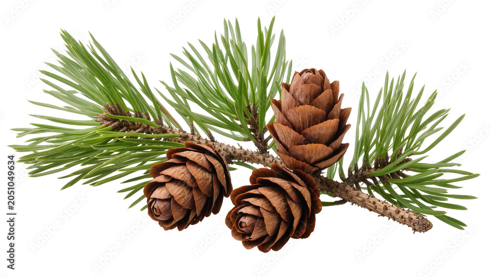 Fototapeta premium Pine branch with three brown cones and green needles