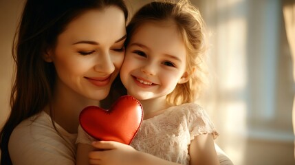 Happy mother and daughter smiling together, holding a vibrant red heart, celebrating mother's day with warmth and affection in a sunlit room, embodying love and togetherness