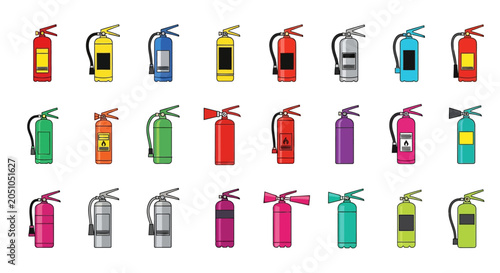 Fotografía Collection of Various Colored Fire Extinguishers.