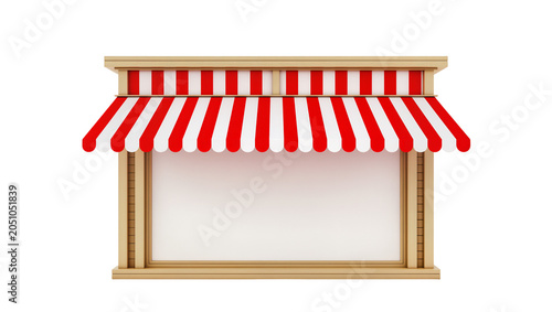 Wooden storefront with red and white striped awning and blank display window