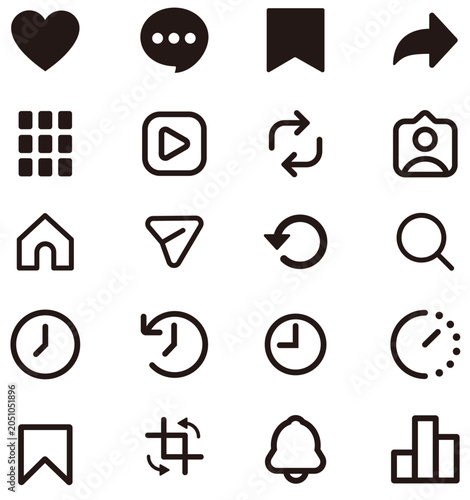 Cuadro en lienzo モノクロのSNS・アプリ操作アイコンセット（ホーム・検索・通知・共有・お気に入り対応UIデザイン素材）